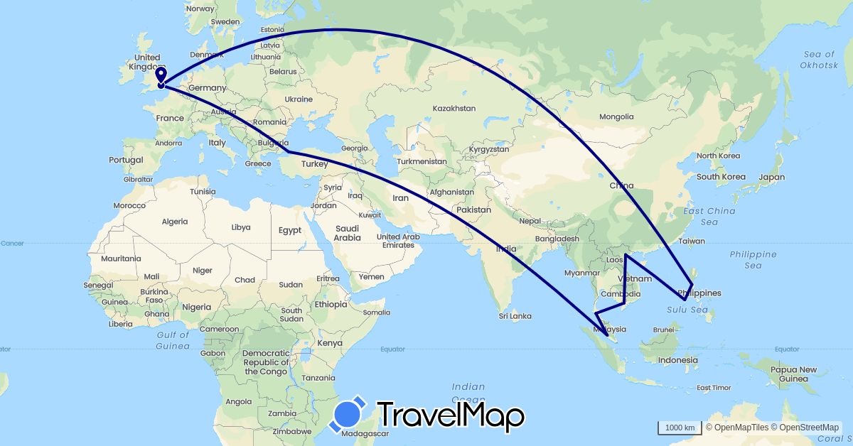 TravelMap itinerary: driving in United Kingdom, Malaysia, Philippines, Thailand, Turkey, Vietnam (Asia, Europe)